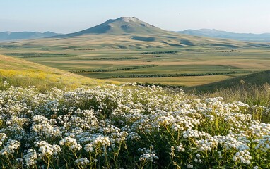 Scenic view of wildflowers blooming in a vast meadow with a majestic mountain in the background under a clear sky.