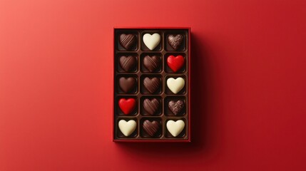 A rectangular box filled with heart-shaped chocolates in various colors arranged neatly against a vibrant red background.