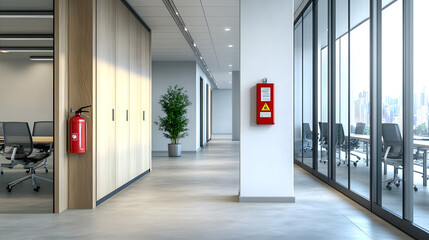 safety first ,Fire extinguisher on the office wall, The atmosphere is comfortable, Generative ai