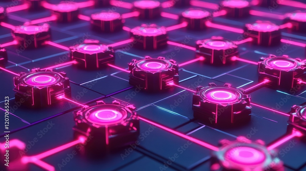 Poster digital network grid with glowing automation icons, gears, and dynamic lines representing system ope