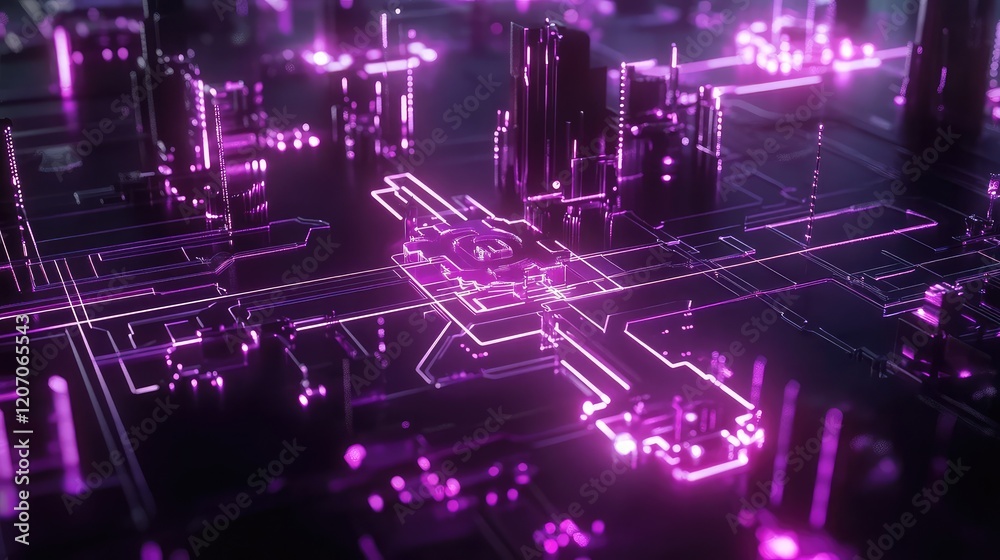 Poster digital network grid with glowing automation icons, gears, and dynamic lines representing system ope