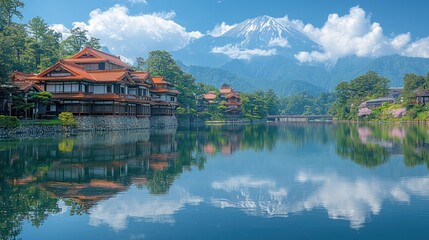 Fototapeta premium Serene Japanese Lakeside Village with Majestic Mountain View