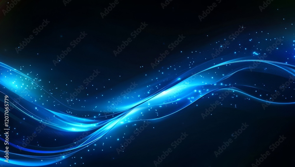 Poster abstract blue glowing wave with sparkle particles on dark background.