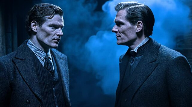 Two men in period attire engage in a tense conversation amidst a smoky blue backdrop