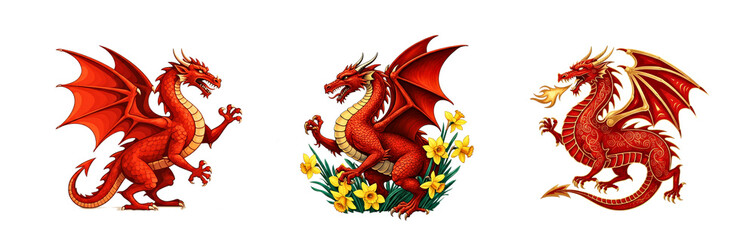 Set of Red Dragon on a white Background.