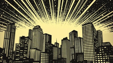 Retro pop art illustration in vintage 50s 60s style depicting a cityscape with modern skyscrapers at night.