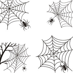 Spider web vector set with creepy Halloween cobweb designs. Black spider and web illustration collection. Editable spooky clipart pack for posters decorations branding and seasonal graphics.