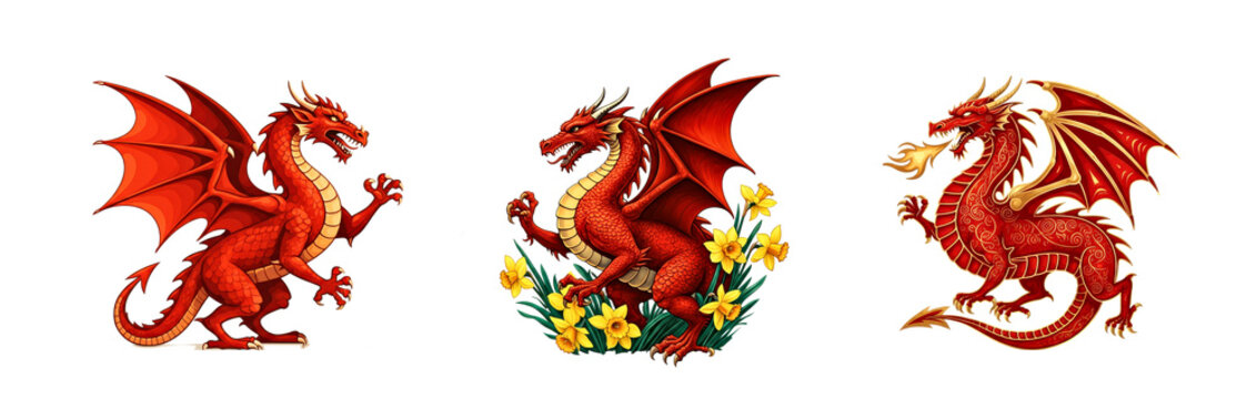 Set of Red Dragon on a white Background.