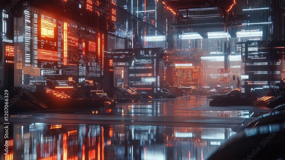 Poster dynamic holographic dashboard with glowing automation icons and data nodes floating in a futuristic 