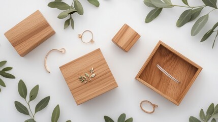 A serene arrangement of wooden jewelry boxes, adorned with delicate jewelry pieces and surrounded by lush green leaves.