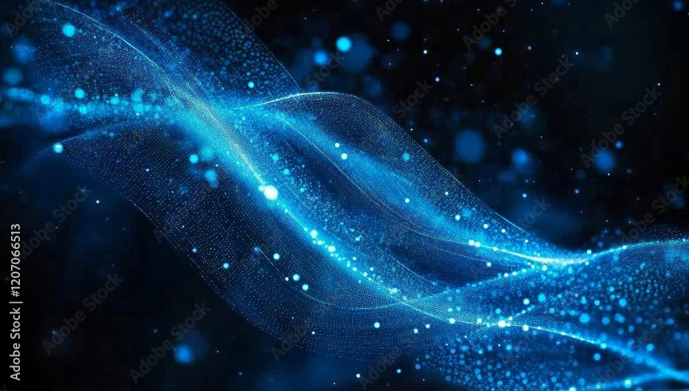 Poster abstract blue wave with glowing particles on dark background.