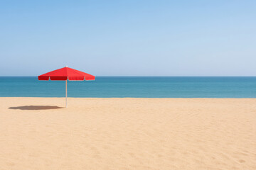 Fototapeta premium A red umbrella is on a beach with a clear blue sky