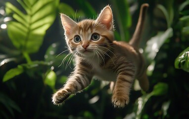 Obraz premium Adorable tabby kitten leaping through lush green foliage.