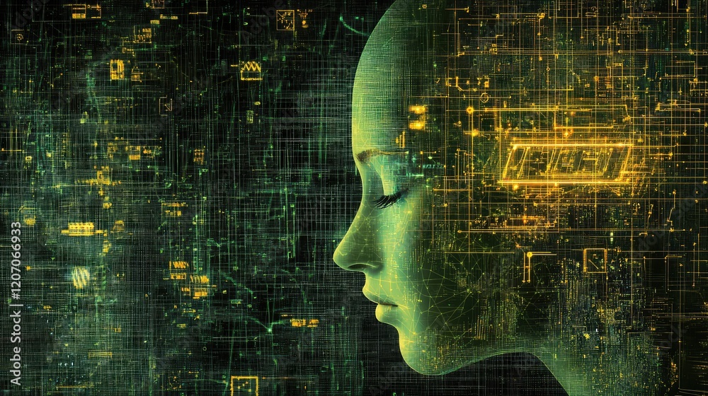 Poster futuristic ai concept with a glowing neural network transforming written text into realistic images,