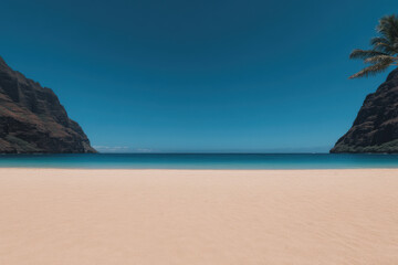 Fototapeta premium A beach with a blue sky and a palm tree in the background