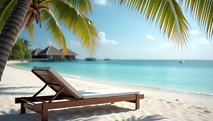 Obraz premium Enjoying relaxation on a stylish sun lounger shaded by a palm tree, overlooking tranquil waves of a crystal clear ocean, perfect for a serene beach day