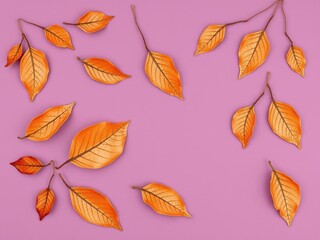 Obraz premium abstract pattern of dry orange metallic leaves on a muted violet background, foliage patterns, decorative elements
