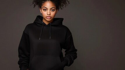 Young black woman displays a versatile cotton hoodie for branding.