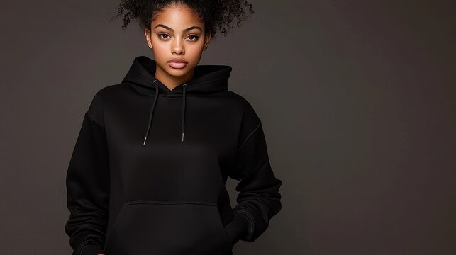 Young black woman displays a versatile cotton hoodie for branding.