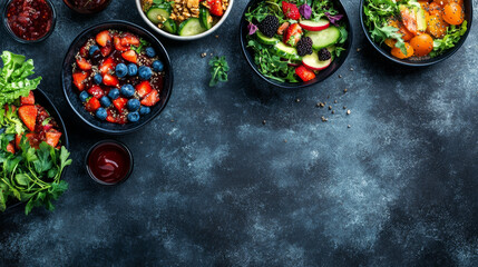 Fresh salads and vibrant fruits in bowls, showcasing healthy eating options. Colorful ingredients like berries, greens, and nuts create visually appealing display