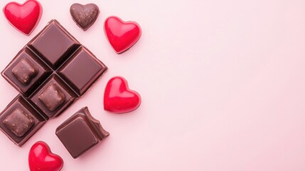 Fototapeta premium A delightful arrangement of chocolate squares and red heart-shaped candies on a soft pink background, perfect for Valentine's Day or sweet treats.