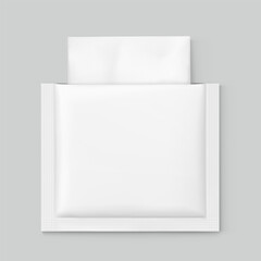 Sachet bag mockup for single wet wipe. Vector illustration isolated on grey background. Flat lay view. Can be use for template your design, presentation, promo, ad. EPS10.