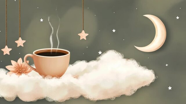 Cup of coffee is floating in the air above a cloud. There are stars and a moon in the background