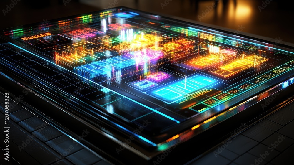 Poster futuristic holographic display of an ai system generating vibrant visuals from glowing text prompts,