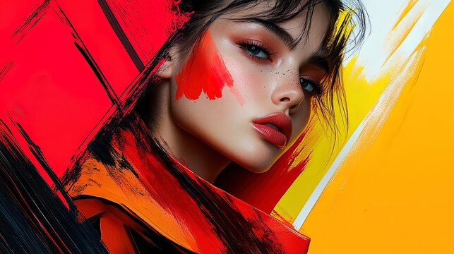 Bold abstract fashion design with striking color contrasts and layered compositions