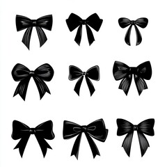 Collection of twelve black ribbon bows, various styles.