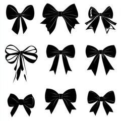 Nine variations of black ribbon bows, isolated on white.