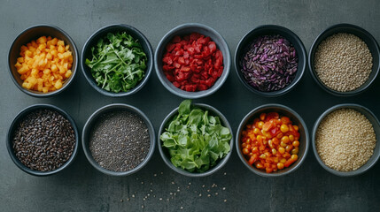 Fresh vegetables and grains arranged in bowls, showcasing vibrant assortment of healthy food essentials. Perfect for meal prep and nutritious recipes