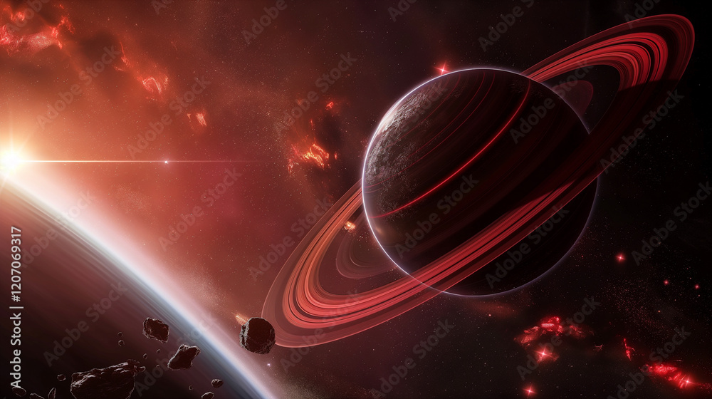 Canvas Prints cosmic landscape with rings around a planet and a glowing sun backdrop. generative ai