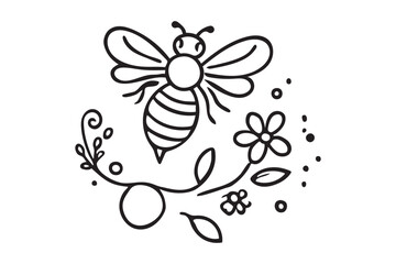 Bee pollinating flower linear icon. Outline symbol. Vector isolated outline drawing
