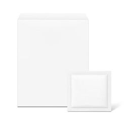 Paperboard box mockup with sachet mockup. Hyper realistic. Vector illustration isolated on white background. Front view. Packaging for cosmetic, food, pharmacy. Ready for your design. EPS10