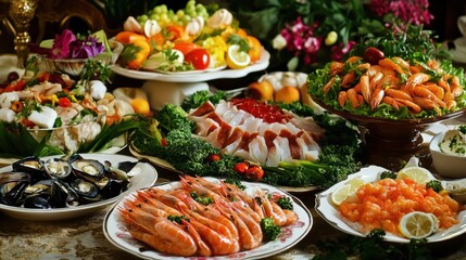 A pescatarian dinner spread, in an elegant dining room, showcasing the variety and health benefits of pescatarian diets