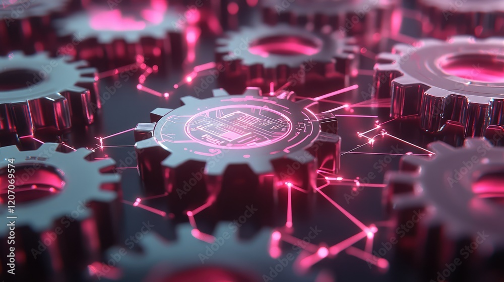 Poster glowing interconnected gears with holographic automation diagrams, surrounded by data patterns on a 