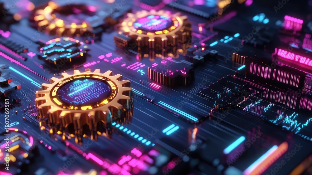 Poster glowing interconnected gears with holographic automation diagrams, surrounded by data patterns on a 