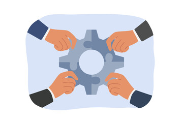 Fototapeta premium Synergy of business people holding fragments of mechanism in hands, and connecting gear to achieve success. Synergy between office managers resulting from successful team building and trust