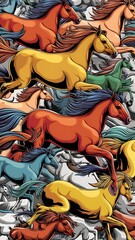 Seamless pattern with colorful horses, vector illustration