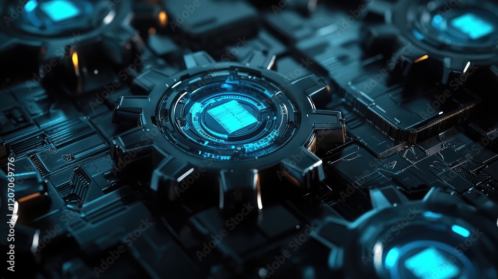 Poster glowing mechanical gears integrated into a digital network, representing advanced automation systems