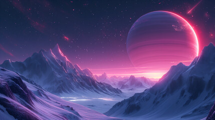 Majestic Saturn on Starry Sky Over Ice-Capped Mountains at Dusk. Generative AI