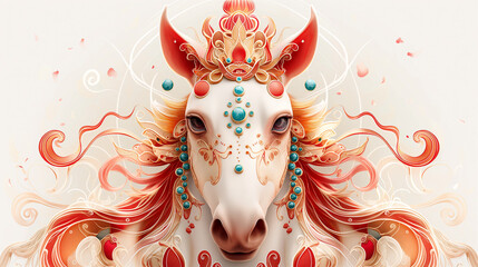 Adorable festive horse with floral motifs symbol of 2026 Chinese new year background. Generative AI