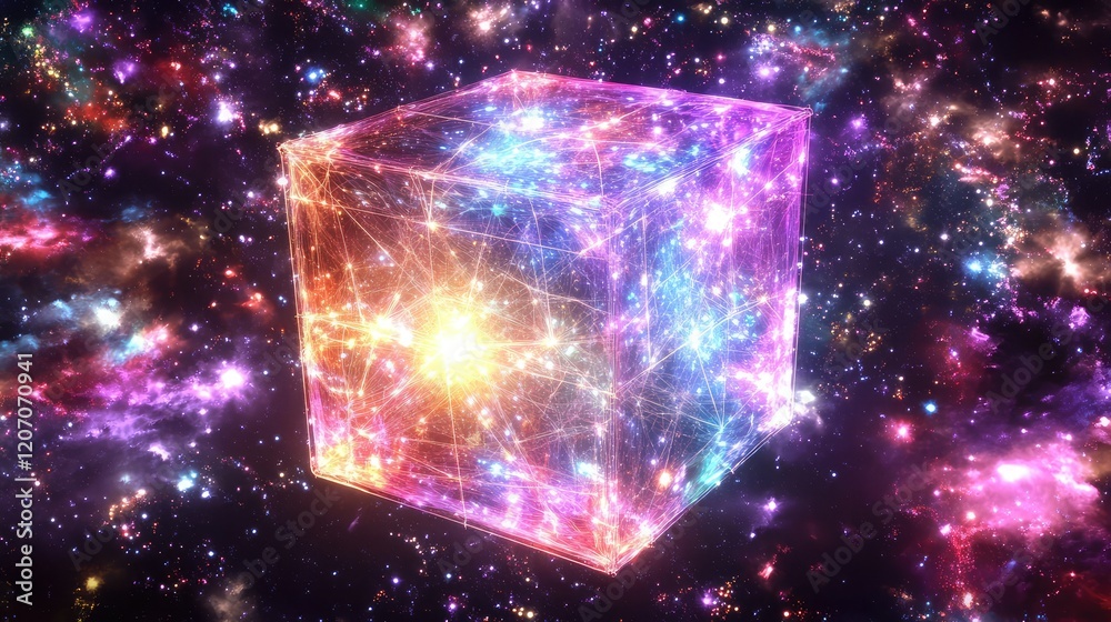 Poster holographic ai cube floating in space with glowing connections, surrounded by futuristic light patte