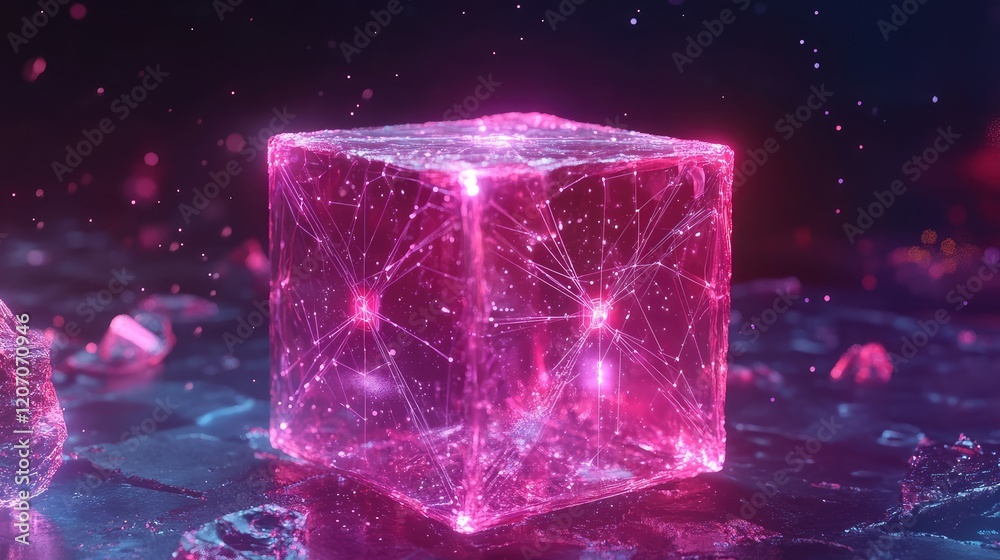Poster holographic ai cube floating in space with glowing connections, surrounded by futuristic light patte