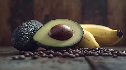 Fresh avocados and bananas on coffee bean bed with rustic backdrop.