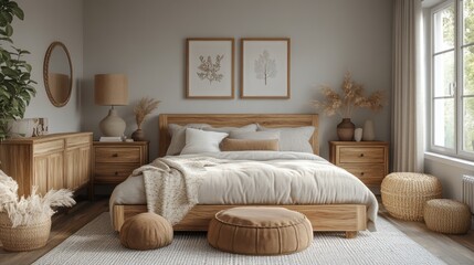 Fototapeta premium bedroom mockup in a Scandinavian design, featuring a wooden bed with soft