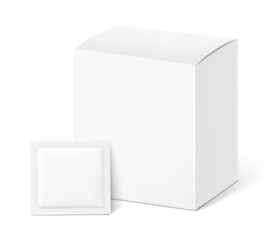 Fototapeta premium Paperboard box mockup with sachet mockup. Hyper realistic. Vector illustration isolated on white background. Half side view. Packaging for cosmetic, food, pharmacy. Ready for your design. EPS10.