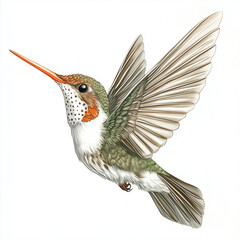 Obraz premium Illustration of the Hummingbird in flight, soft watercolor tones, white background, detailed illustration, cartoonish.