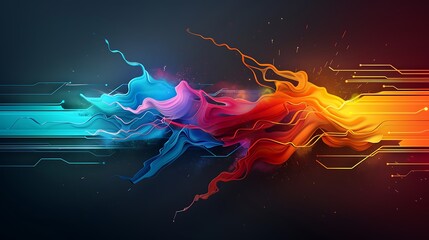 Abstract digital art; color swirls clash; circuit background; tech concept